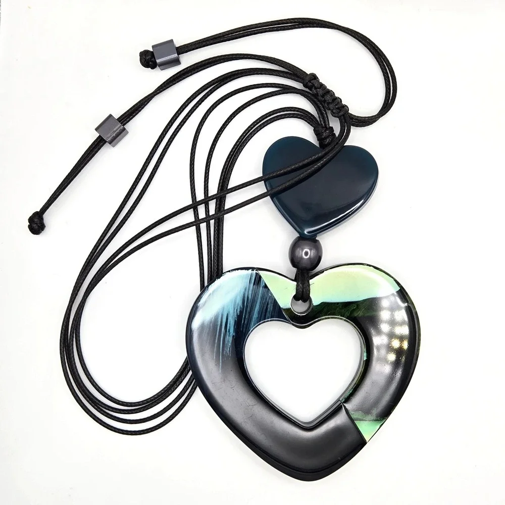 Large Resin Double Heart Pendant Necklace Black Blue Green‎ Adjustable Cord